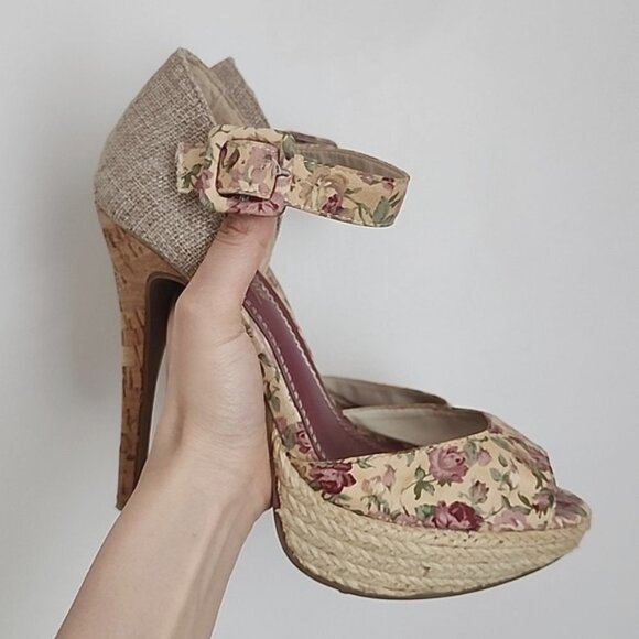 Anne Michelle Pink Viral Platform Peep Toe Wedge High Heels Pumps Cottage Core - Picture 3 of 9